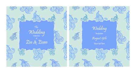 Wedding Invitation Template. Hand-drawn vintage vector illustration with blue floral pattern.のイラスト素材