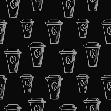 cup of coffee seamless pattern. hand drawn vector illustration on black backgroundのイラスト素材