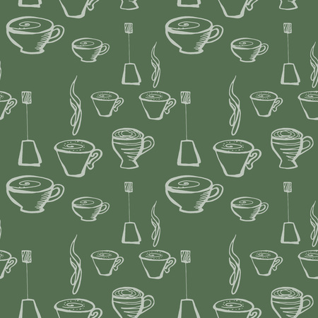 tea cup seamless pattern. hand drawn vector illustration of green colorのイラスト素材