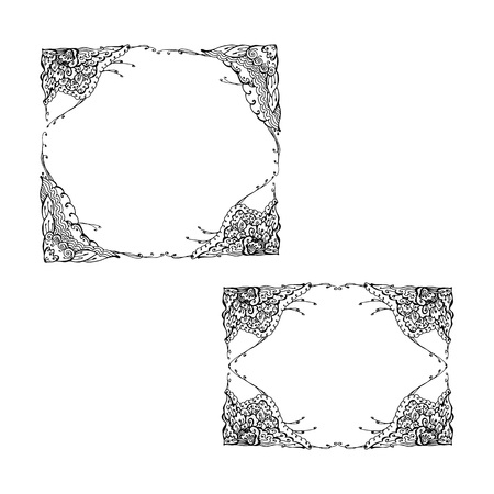 hand-drawn floral decorative borders set. vector black and white illustrationのイラスト素材