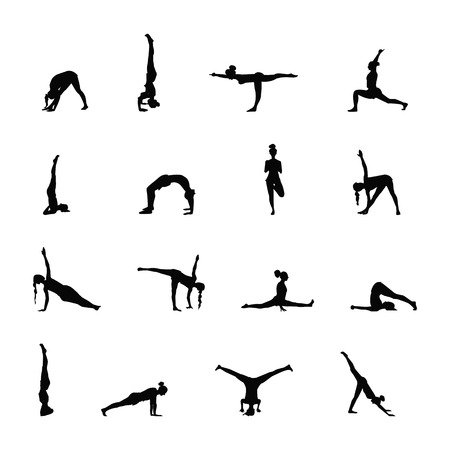 yoga poses set. black silhouette on white background. vector illustrationのイラスト素材