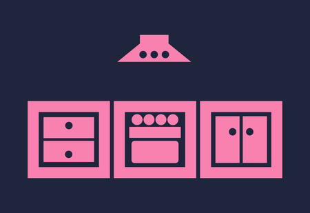 kitchen furniture set of icons. Vector pink illustration on a dark blue backgroundのイラスト素材