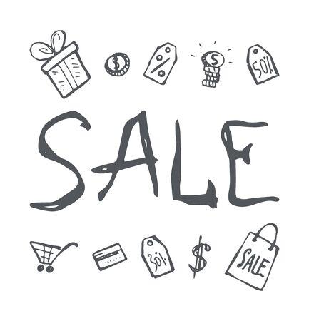 Shopping hand drawn doodle icons set. Vector black and white contour isolated illustration.のイラスト素材