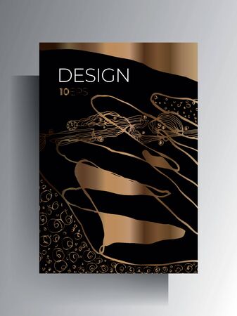 Design template cover, brochure, poster, card, background. A4 format. Gold texture elements are drawn by hand on a black background. Vectorのイラスト素材