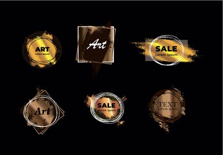Brush stroke banner template set. Decorative frames with golden elements and place for your text.のイラスト素材