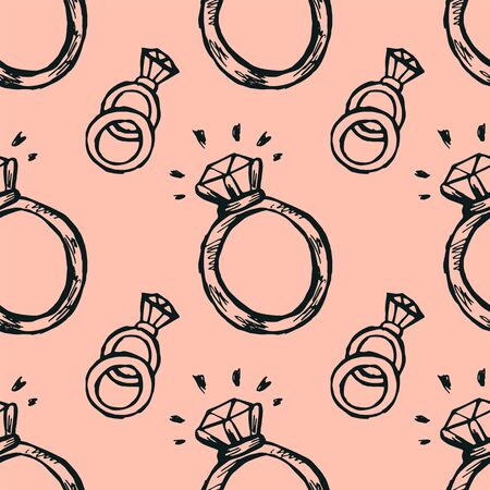 Wedding rings seamless pattern on a pink background.  Colored hand drawn vector doodle illustration.のイラスト素材