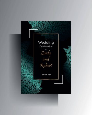 Design template wedding invitation. Manually drawn turquoise graphic elements and gold letters on a black background.のイラスト素材