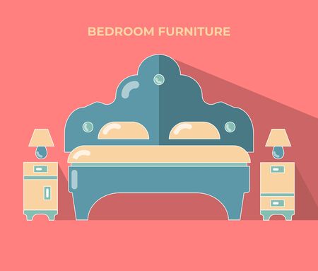 Bedroom furniture set. Vector flat illustration on a pink background.のイラスト素材