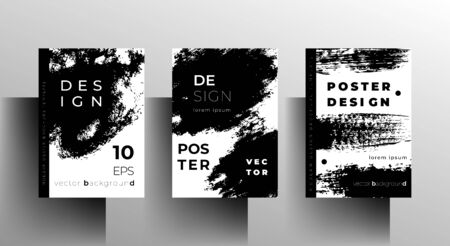 Set of poster, cover templates for book, magazine, booklet. Black and white design with brush strokes. Vector 10 .のイラスト素材