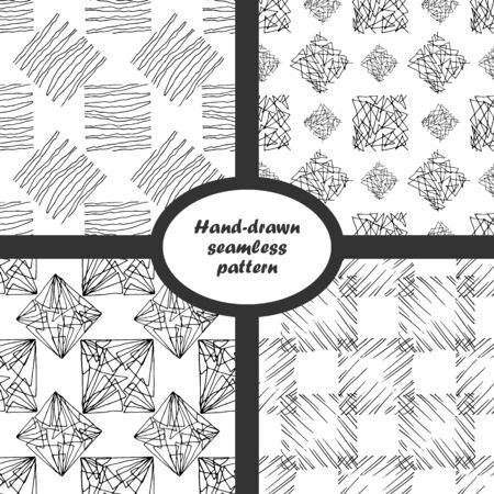 Hand drawn seamless pattern set. Black and white isolated texture from curved lines. Vector 10 EPSのイラスト素材