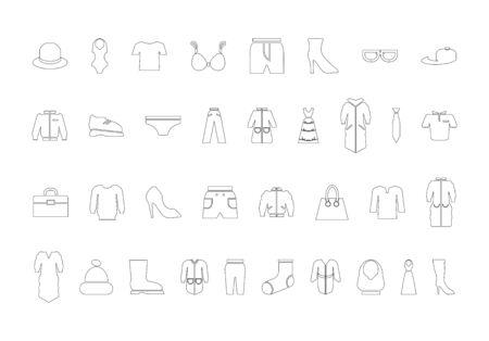 Clothing icon set. Vector contour black and white illustration.のイラスト素材