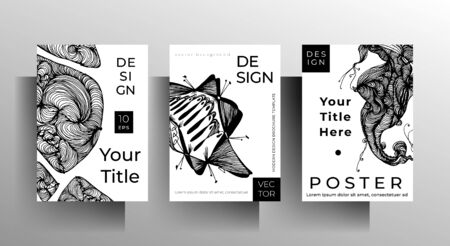 Cover design set of templates for book, magazine, brochure, catalog. Black and white illustration with hand-drawn graphic elements. A4 format. EPS 10 vectorのイラスト素材