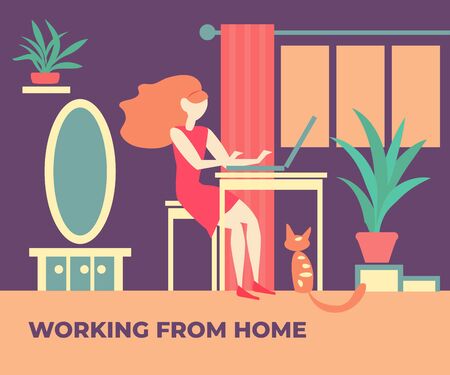 Girl at the computer. Work at home. Vector color illustration.のイラスト素材