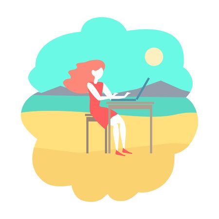 A girl works on a computer at sea. Vector color illustration.のイラスト素材