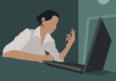 Girl with a laptop at the desk. Color vector illustration.