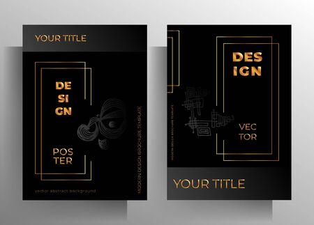 Cover template set. Design with hand-drawn graphic elements black with gold. A4 format.のイラスト素材