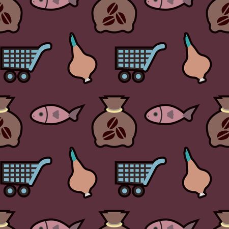 Gastronomy coffee, fish, onions, shopping trolley seamless pattern on a burgundy background. Vector illustration.のイラスト素材