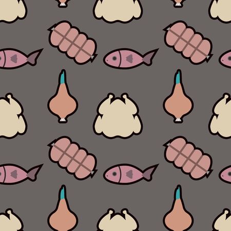 Groceries sausage, fish, onion, chicken seamless pattern on gray background. Vector illustration on gray background.のイラスト素材