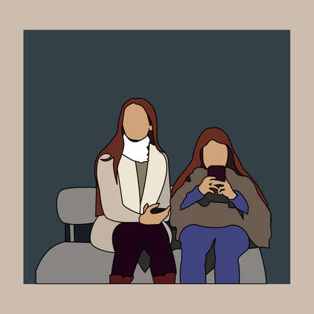 Girls on a bench in the waiting room. Vector color illustration.のイラスト素材