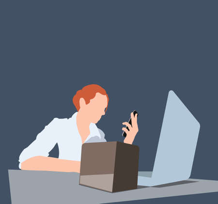 The girl works on a laptop. Workplace at the table. Vector color illustration.のイラスト素材