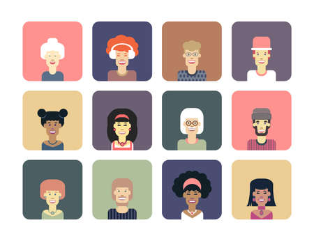 Avatars set of funny characters. Men and women of different nationalities and ages. Vector isolated illustration.のイラスト素材