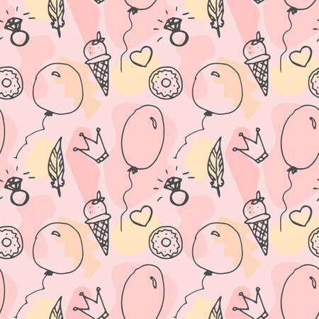 Girly doodle pattern with diamonds, hearts, rings, cakes, sweets, clouds. Seamless texture for wallpaper, textiles, scrapbooking. Hand drawn vector illustration.のイラスト素材
