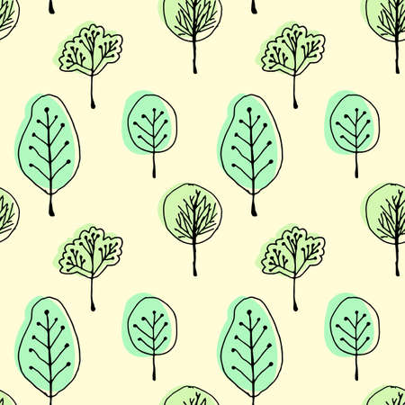 Trees doodle pattern. Seamless texture for textiles, wallpapers, wrappers, packaging. Hand drawn vector color illustration.のイラスト素材