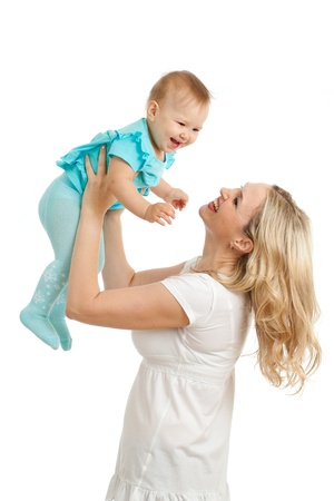Portrait of loving mother and her child on white backgroundの写真素材