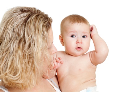 Mother with her child on white backgroundの写真素材