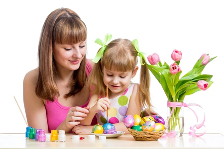 mother and baby kid painting easter eggs isolated mother and baby kid painting easter eggs isolated