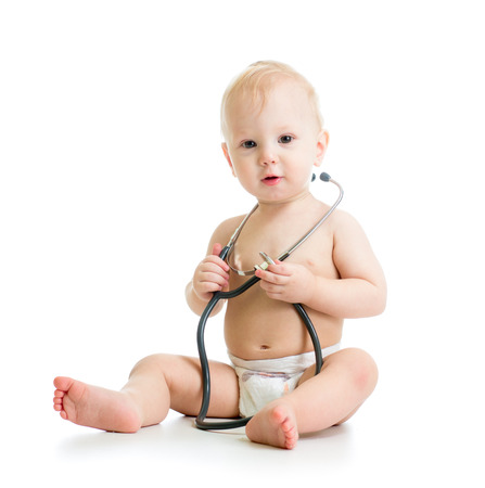 cute baby with stethoscope in handsの写真素材