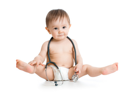 funny baby weared diaper with stethoscopeの写真素材