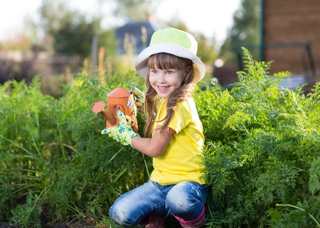 Little child girl watering with can in the vegetables garden at a summer dayの写真素材