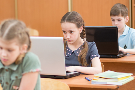 school children using laptop at lesson in classroomの写真素材