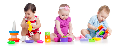 nursery babies with educational toysの写真素材