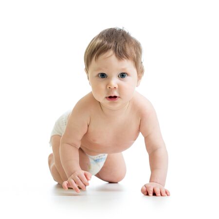Cute baby weared diaper. Little kid crawlsの写真素材