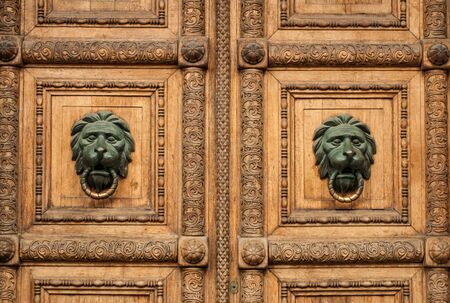 details of an old wooden carved door with a lion-shaped handle