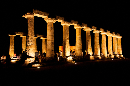 A concert open-air opera in a historical place with a background of Greek columns - %u201CTavole Palatine", the Temple of Hera, in the Doric style, from 530 BC. Southern Italy, Metaponto, August 27, 2018のeditorial素材