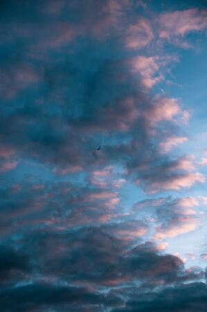 Beautiful blue sky with white clouds and vivid colors at sunset without horizon, background imageの写真素材