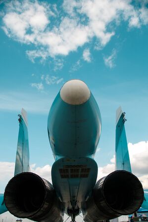 Chelyabinsk, Shagol village, Russia September 14, 2019: Close-up Russian blue military aircraft on the observation deck at the Aviation Day holiday, sunny day in autumnのeditorial素材