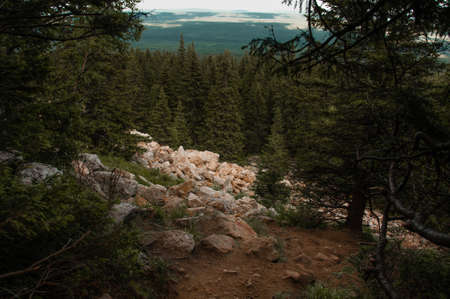 Stones and coniferous forest on the top of a mountain range Russia, Ural, Zyuratkul Ridgeの写真素材