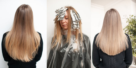 Blonde hair transformation process before and after highlighting hair, three photos in one on a white background in a beauty salonの写真素材