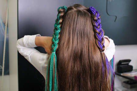 Back view of teenage girl showing colored pigtailsの写真素材