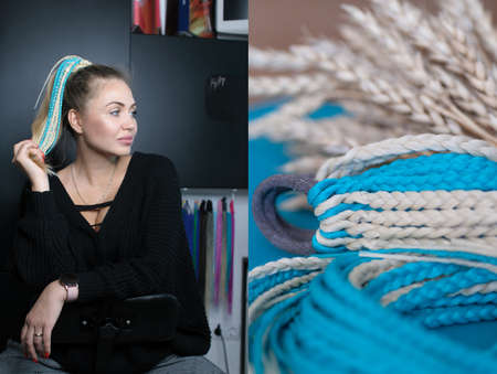 Hair accessory from colored braids on a young blonde woman and an elastic band with braids, two photos in oneの写真素材