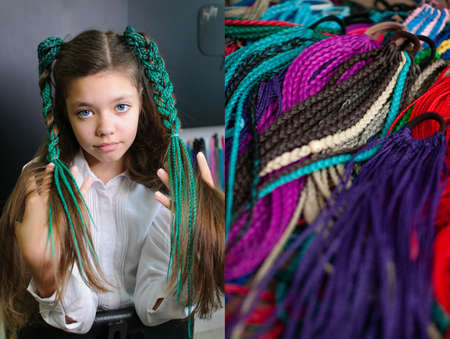 Hair accessory from colored braids on a teenage girl and an elastic hair band with braids, two photos in oneの写真素材