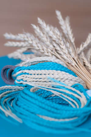 Decorative blue hair accessory, elastic band with small colored braids, handmade close-upの写真素材
