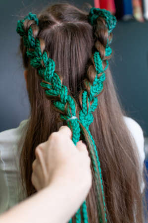 Back view of teenage girl showing colored pigtailsの写真素材