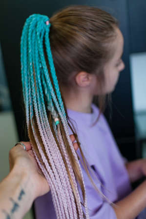 Hair accessory, colored braids made of pink and blue artificial hair with an elastic band, hand made, is demonstrated by a teenage girl with long blond hair indoorsの写真素材