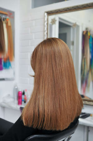 Back view of woman with beautiful long brown hair in beauty salonの写真素材