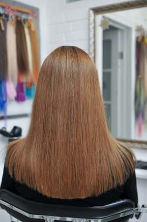 Back view of woman with beautiful long brown hair in beauty salonの写真素材